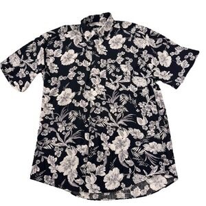 Hawaiianize Button Down Shirt Men Medium Black White Floral Cotton Short Sleeve
